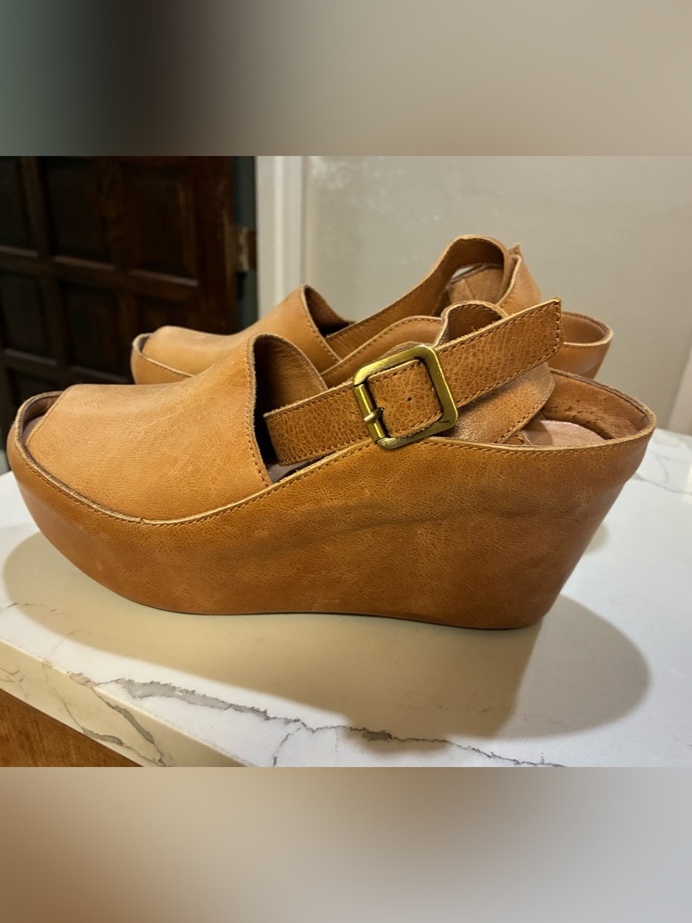Chocolat Blu Tan Wedge Clogs with Buckle Strap